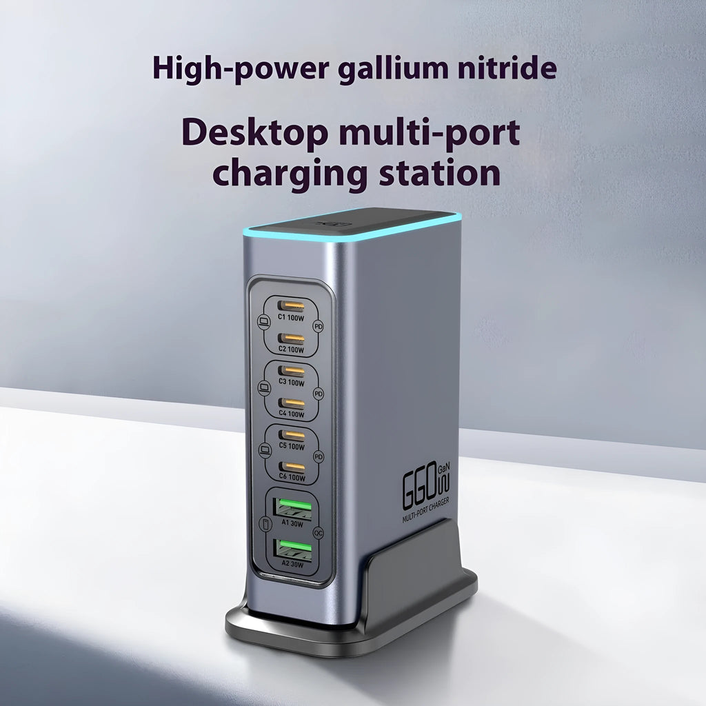 660W Gallium Nitride multi-port desktop fast charger with UK, US, EU, and AU plug heads