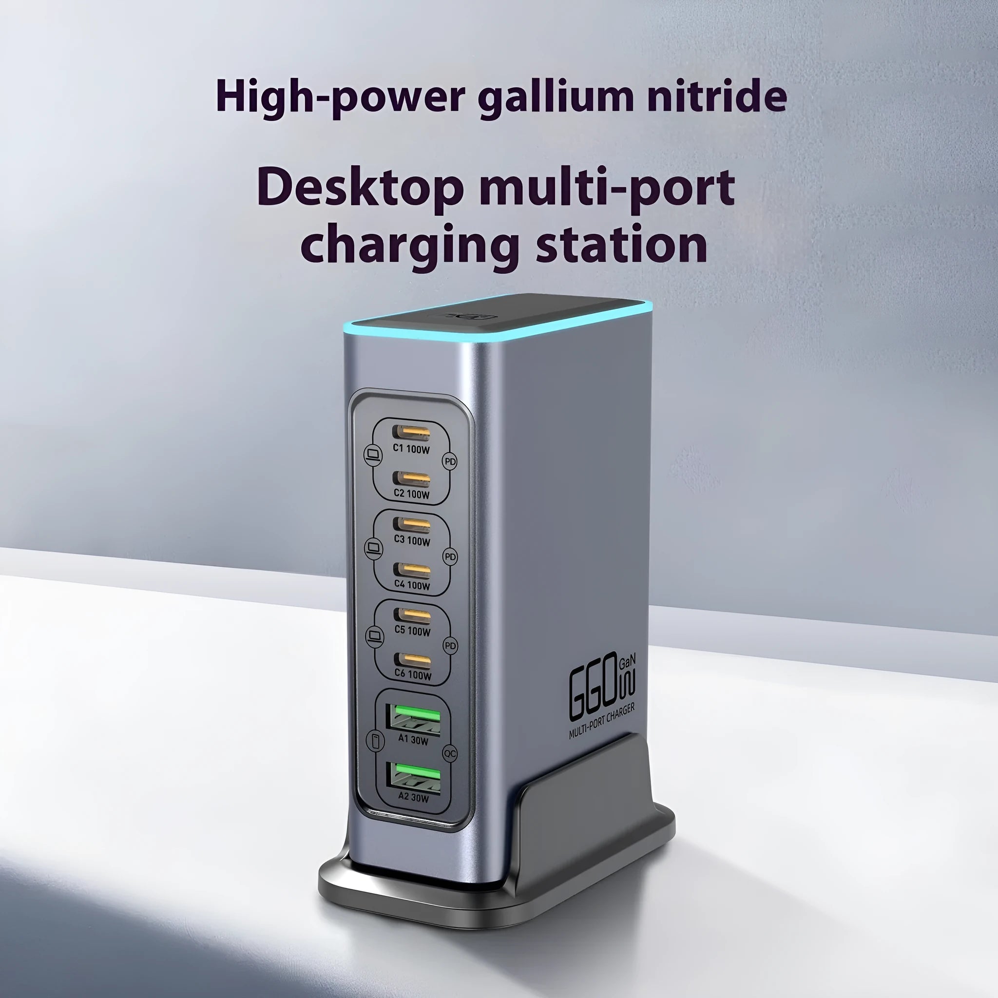 660W Gallium Nitride multi-port desktop fast charger with UK, US, EU, and AU plug heads
