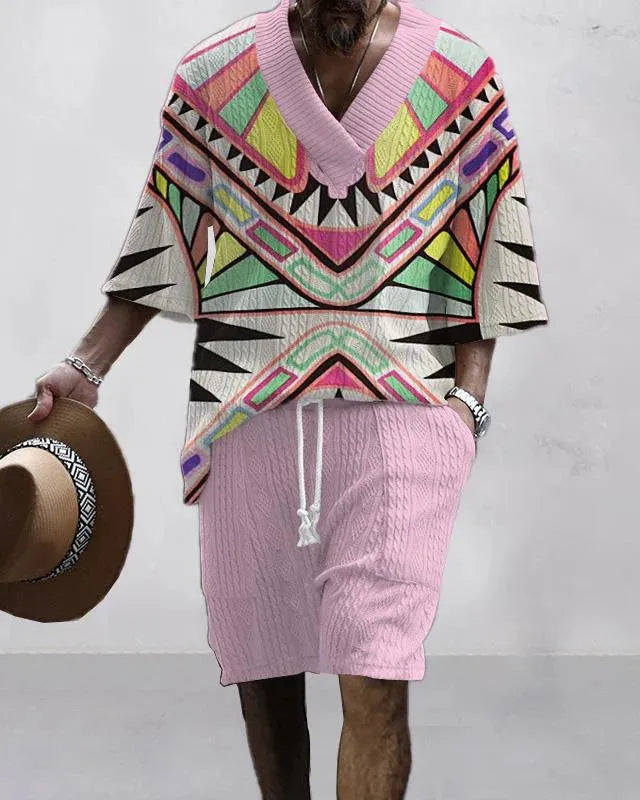 Men's loose-fit casual short sleeve suit and shorts set in a solid colour.