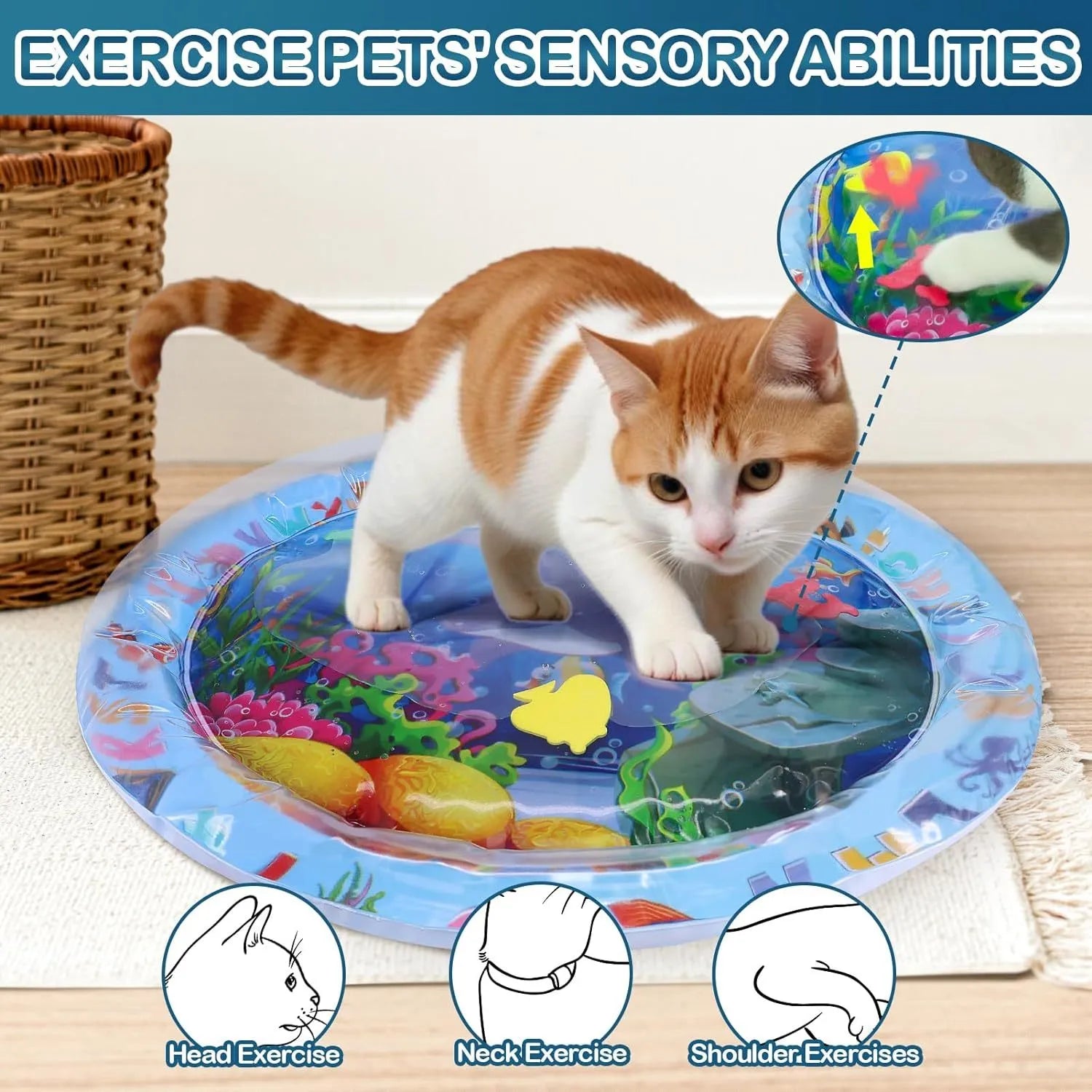 Thickened PVC water playmat for cats with ocean fish design and floating toys on a blue surface.