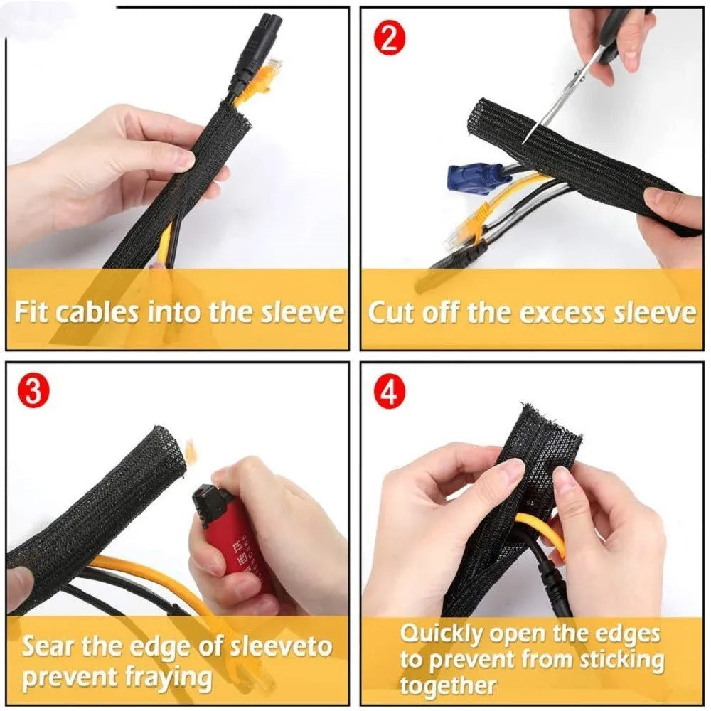 Black self-winding mesh sleeve for automotive wire protection with multiple diameter options