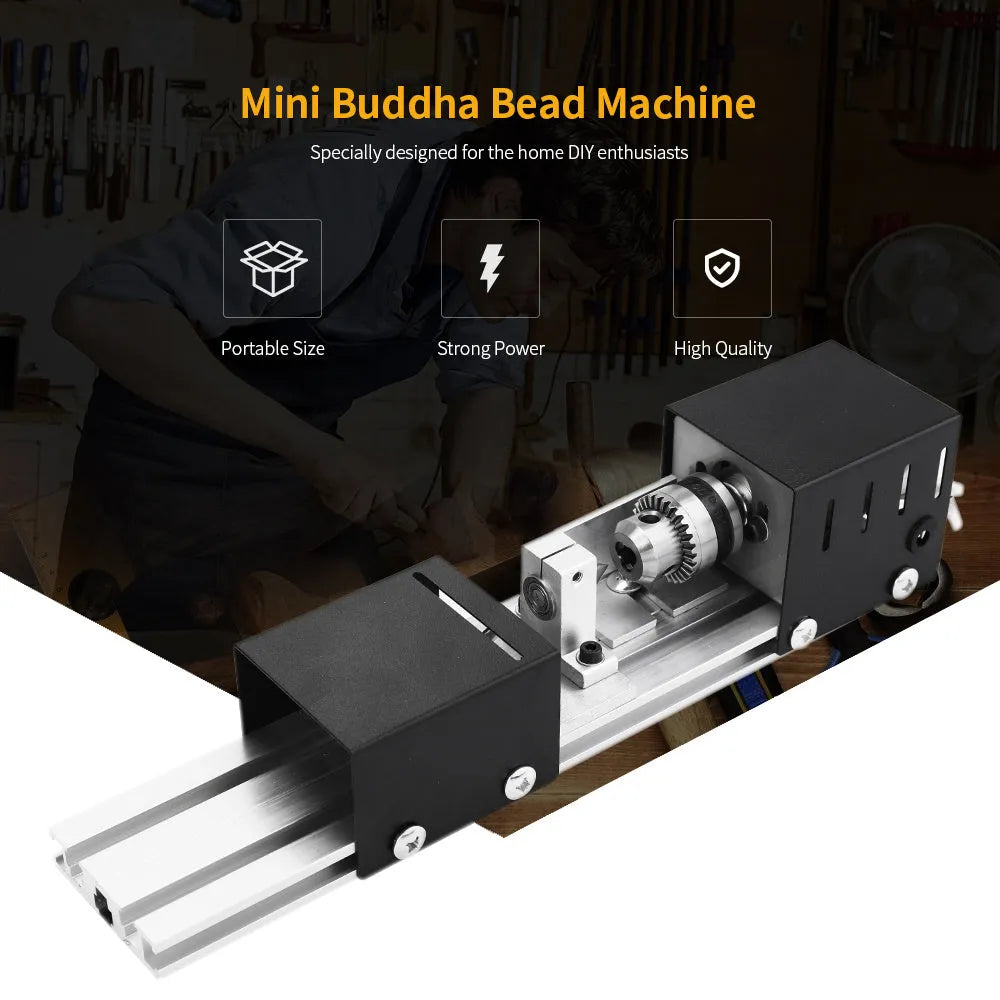 Mini silver metal woodworking lathe with carving knives on benchtop for small-scale turning projects