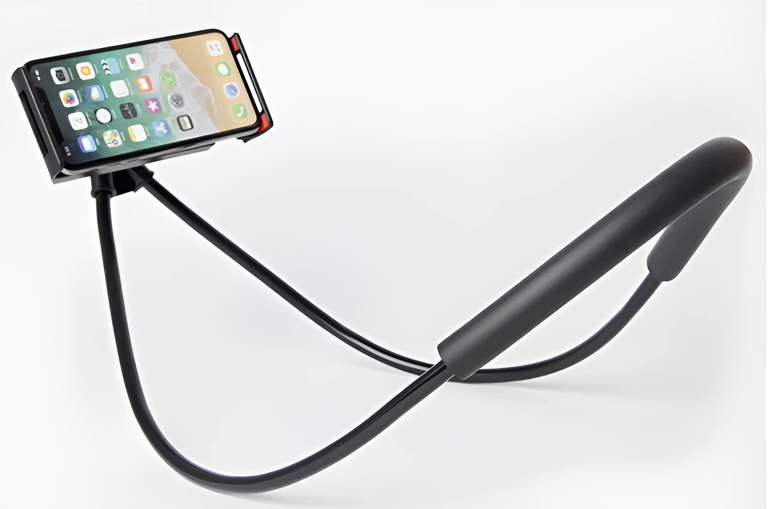 White universal smartphone stand with 360° rotating clamp holding mobile phone