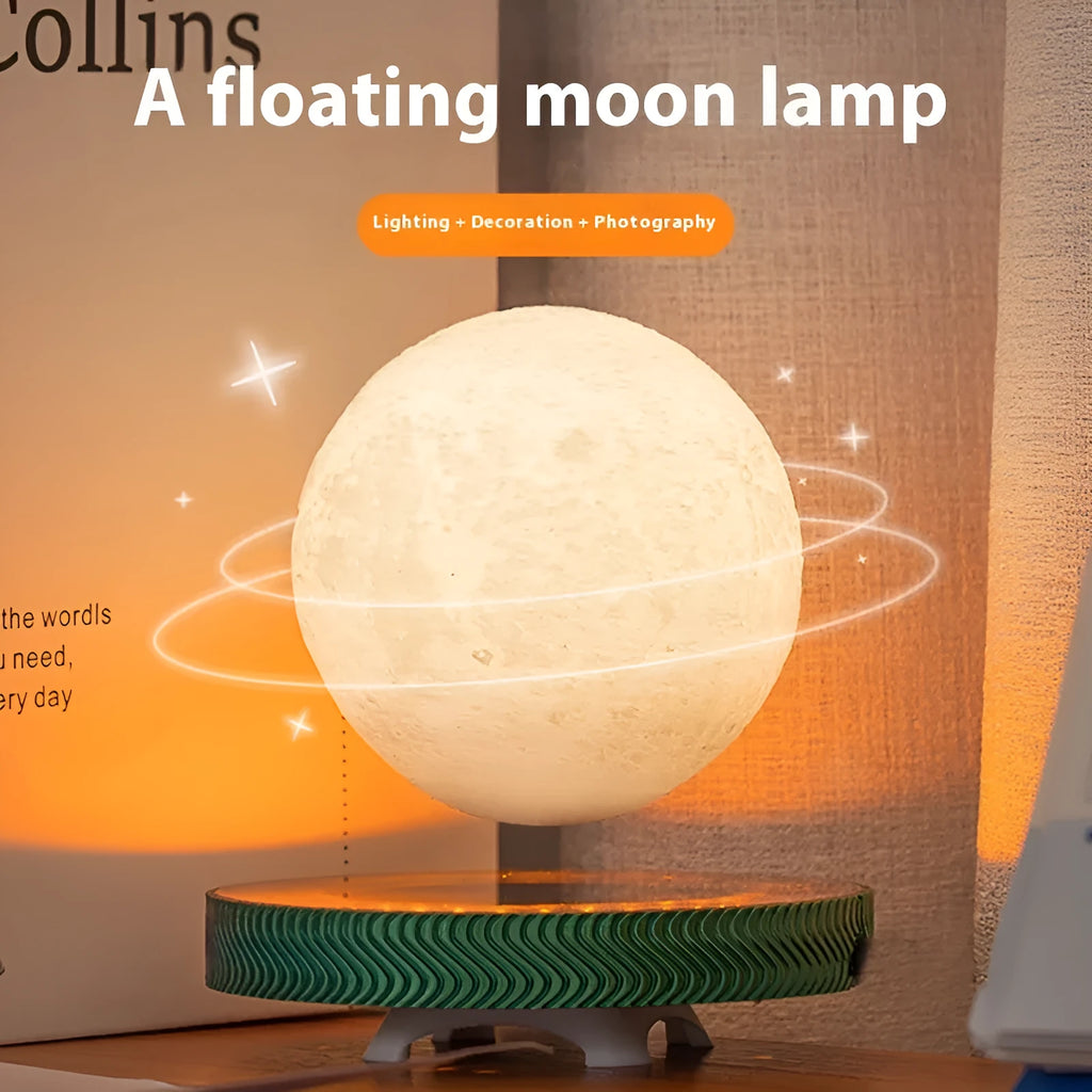 Magnetic suspension moon night lamp with 3D printed celestial design levitating above surface