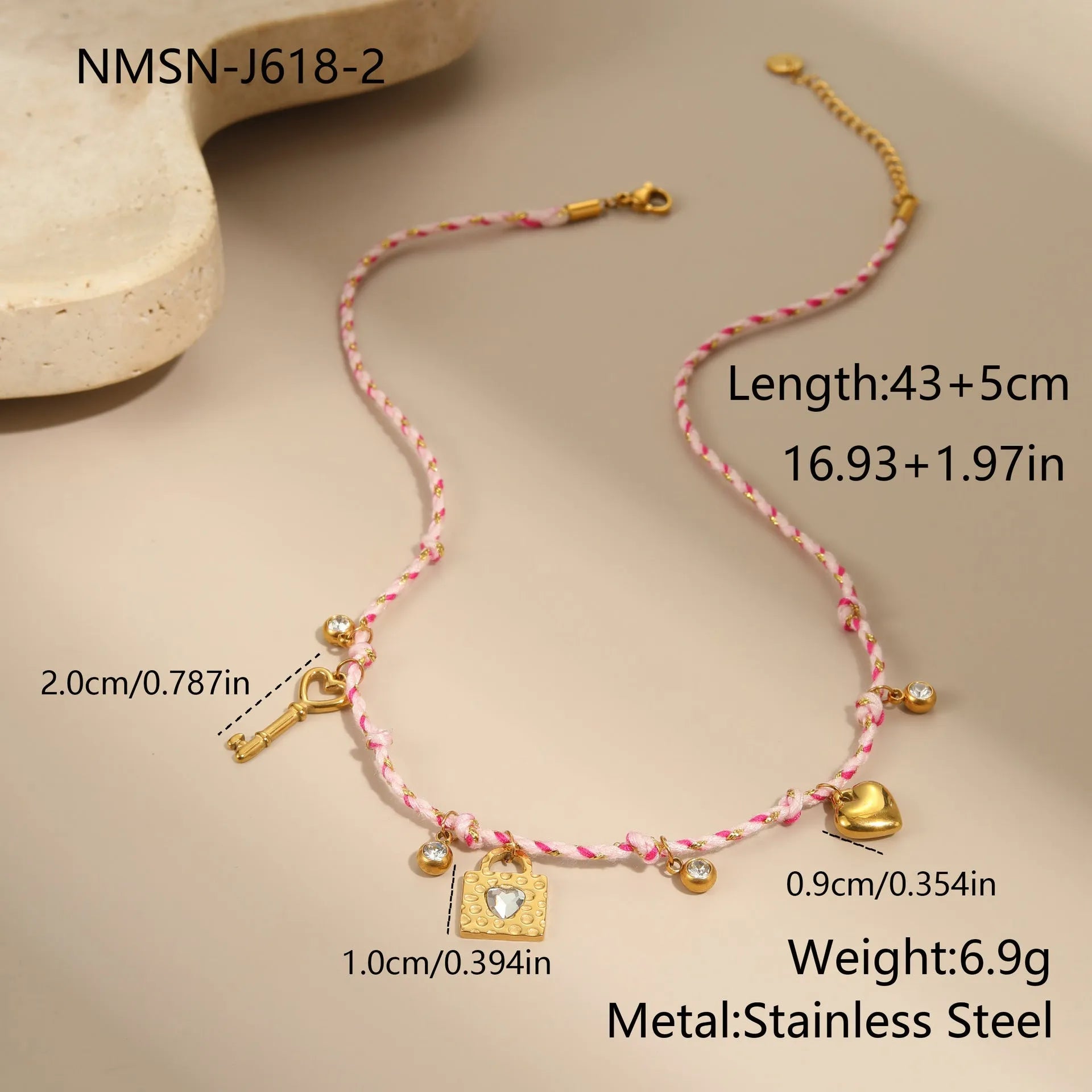 Handmade braided rope necklace or bracelet with stainless steel chain and geometric pendant in 18K titanium steel finish