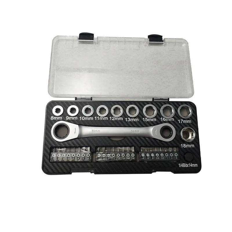 14-piece dual ratchet wrench and screwdriver set with sockets and bit heads for automotive and DIY use