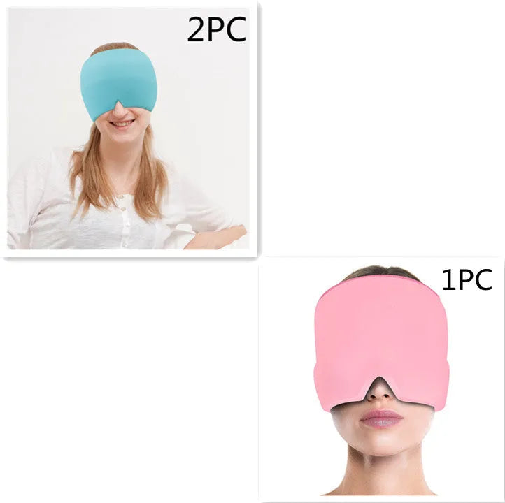 Black reusable gel ice mask for eyes and forehead on a white background
