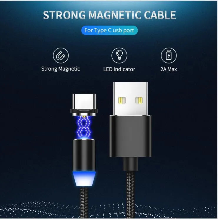 YBD black magnetic LED charging cable with cotton weave, aluminium shell, and LED light shown next to a smartphone.