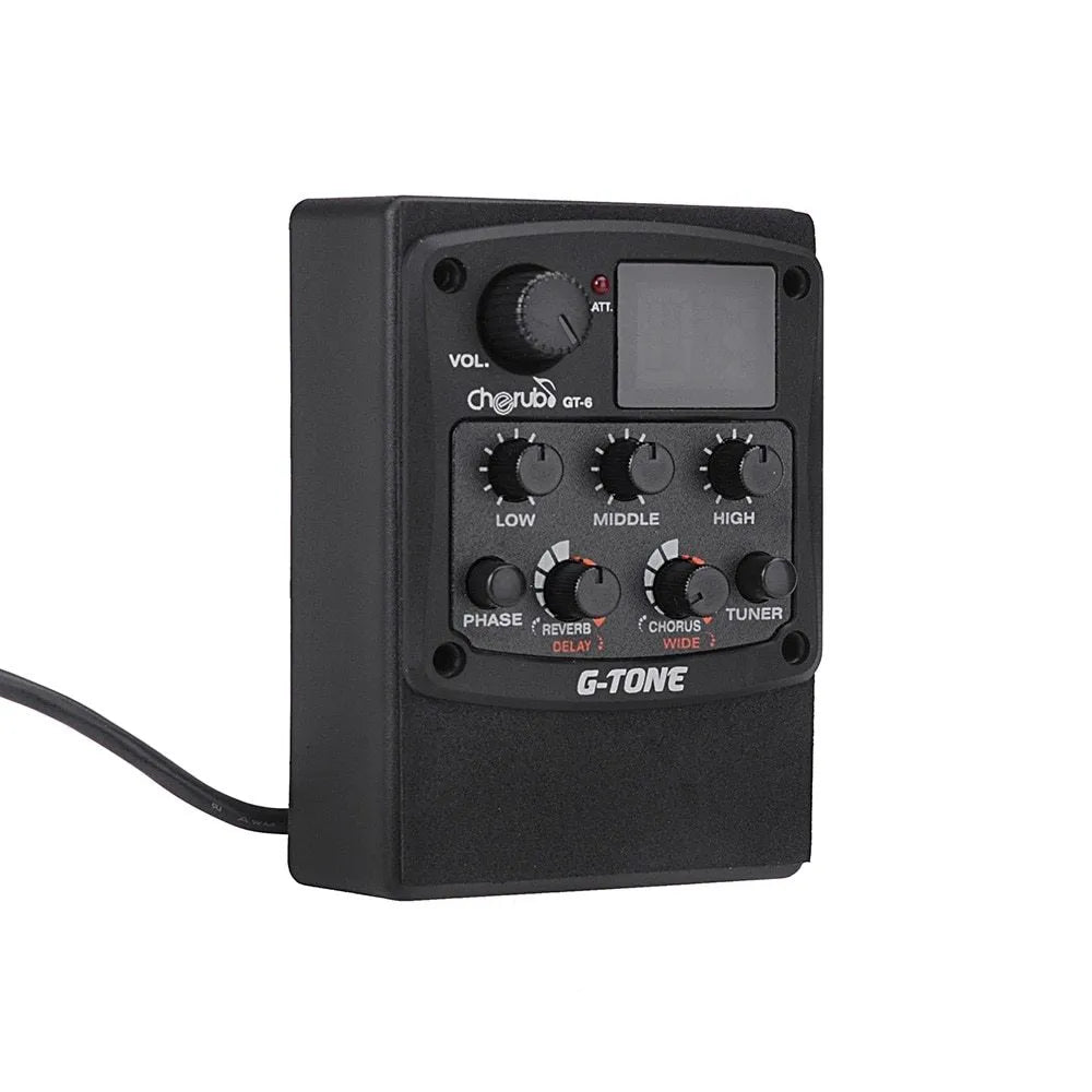 Cherub GT-6 black acoustic guitar hole-mount pickup with EQ knobs and effects controls.