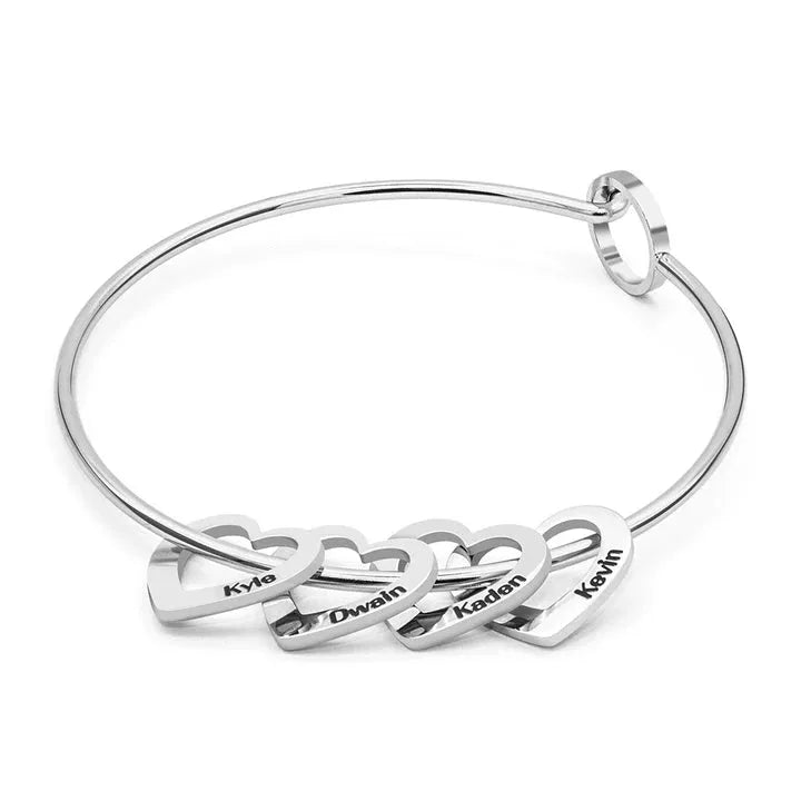 Love bracelet with peach heart charm and name lettering in stainless steel, silver colour