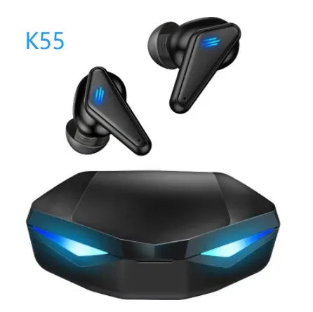 Blue K55 wireless Bluetooth gaming headset with earplug design and TWS Bluetooth 5.0 technology
