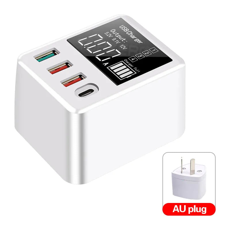 White 4-port travel charger with LED display showing charging status