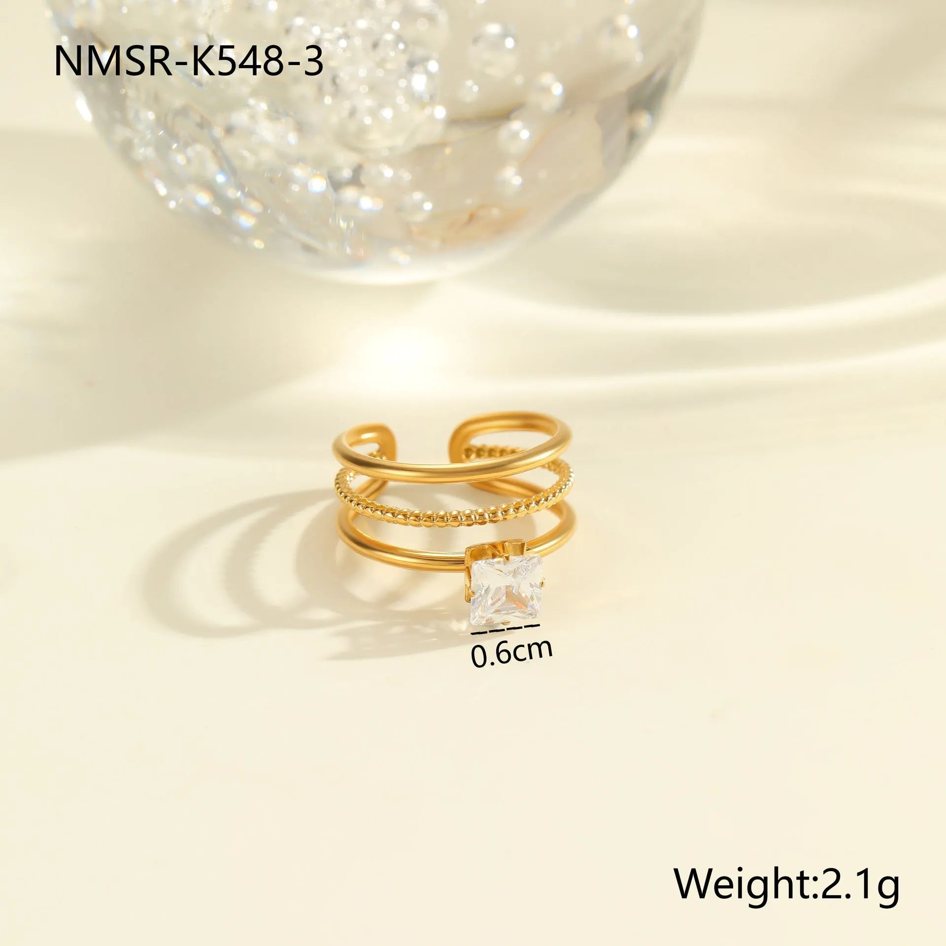 Open mouth geometric stainless steel ring with heart drop shape and gold inlaid zircon.