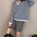 Women's striped cashmere pullover sweater in retro style with plaid pattern