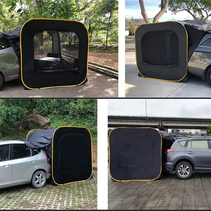 Black pop-up car tail tent with quick-throw setup and 200cm dimensions for 3-4 person camping