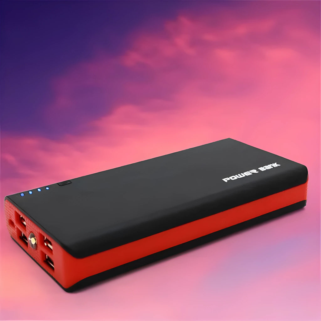 20000mAh portable power bank in red, blue, green, yellow, or black colours with compact dimensions