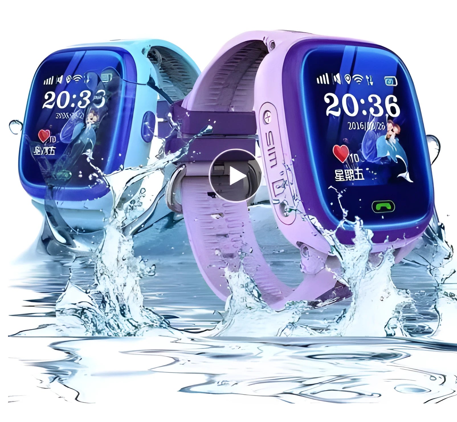 Blue children's waterproof smart watch with touch screen displaying time and GPS location interface
