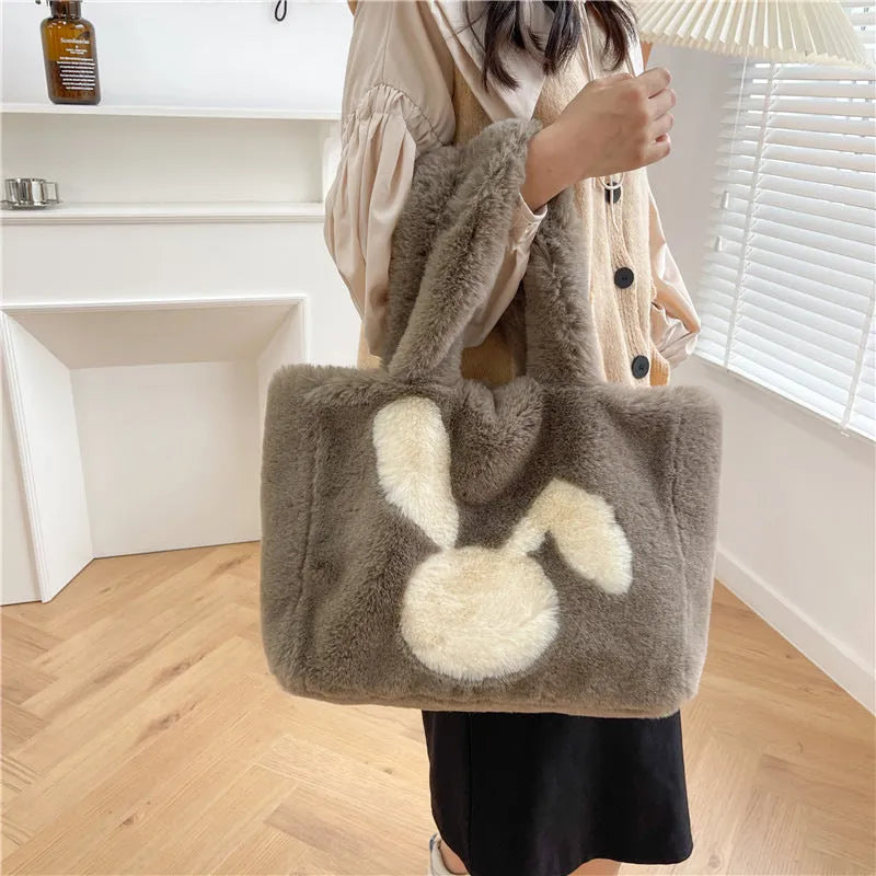 Plush cartoon rabbit ears shoulder bag in solid colour with large capacity design