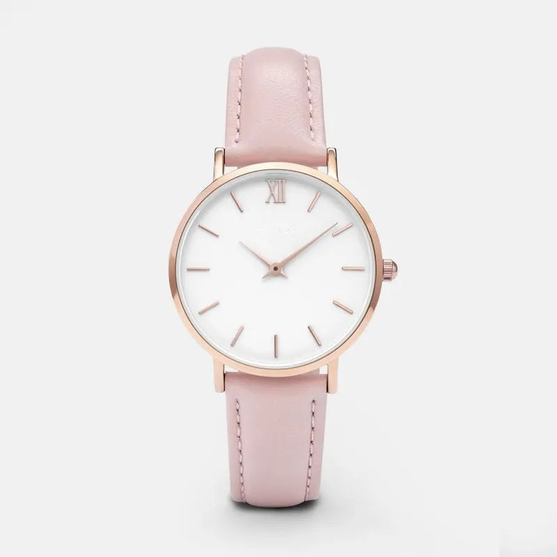 Square-faced quartz watch with a PU leather strap showing colour options on a white background.