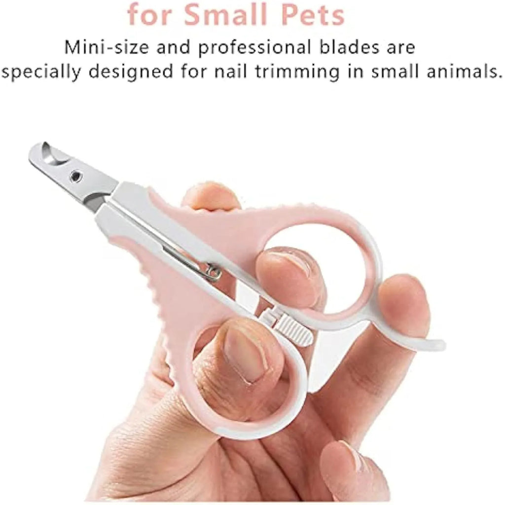 Grey and pink cat nail clippers with angled stainless steel blade and safety guard on a non-slip handle.