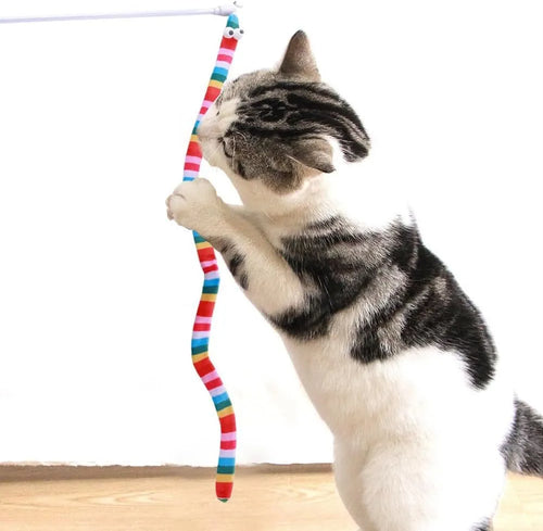 Colourful cat wand toy with long plush strip attachment for interactive play