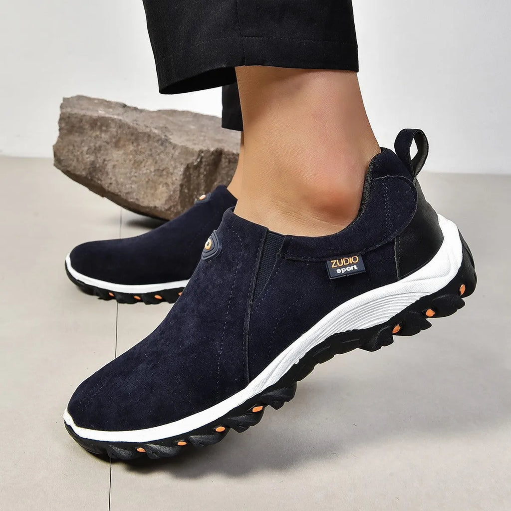 Men's round toe thin slip-on shoes in multiple colours on a white background.