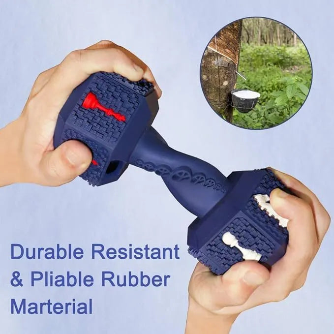 Blue rubber dog chew toy shaped like a dumbbell with a textured surface.