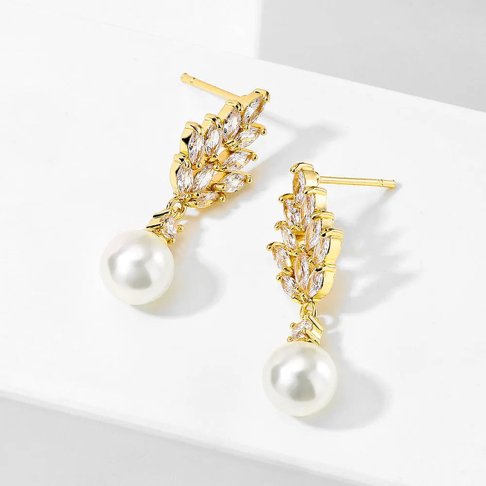 Geometric flower design women's earrings with pearl and micro-inlaid zircon stones in gold plating
