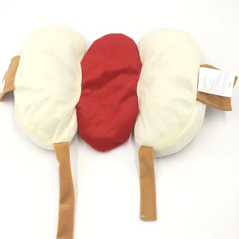 Brown and beige hot dog costume for a small dog, showing fleece material and Velcro closure.