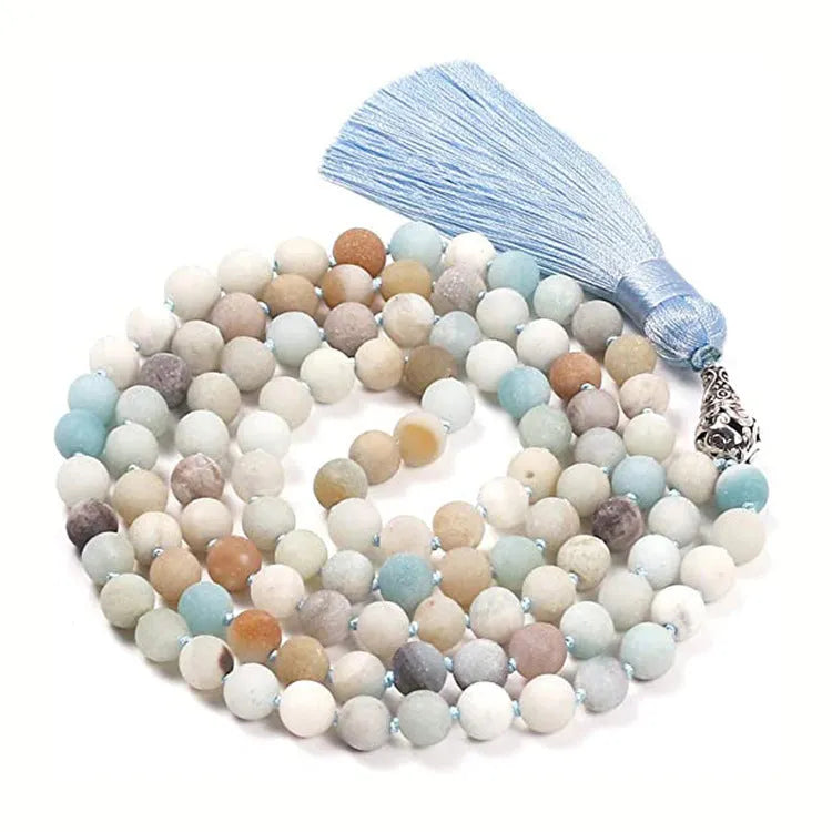 Geometric agate tassel necklace in a choice of ten colours including blue stone and amethyst, shown at full 95-100cm length.