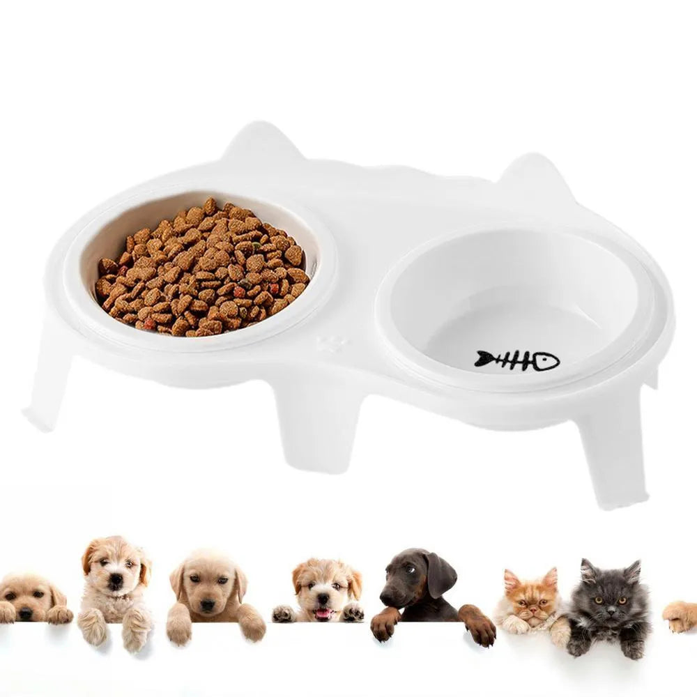 Ceramic cat food and water bowl set with tilted elevated stand in blue colour option