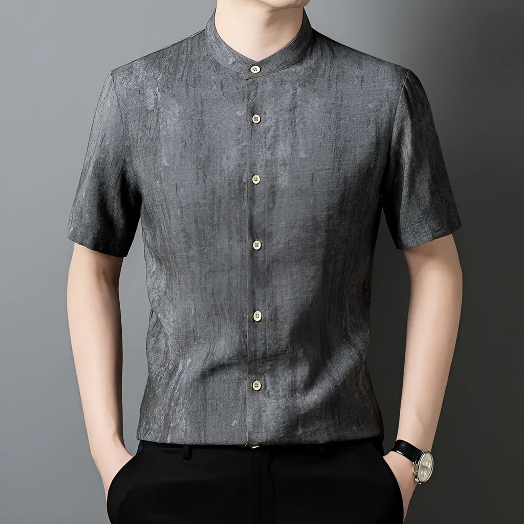 Men's loose fit linen blend shirt with stand collar in solid colour options
