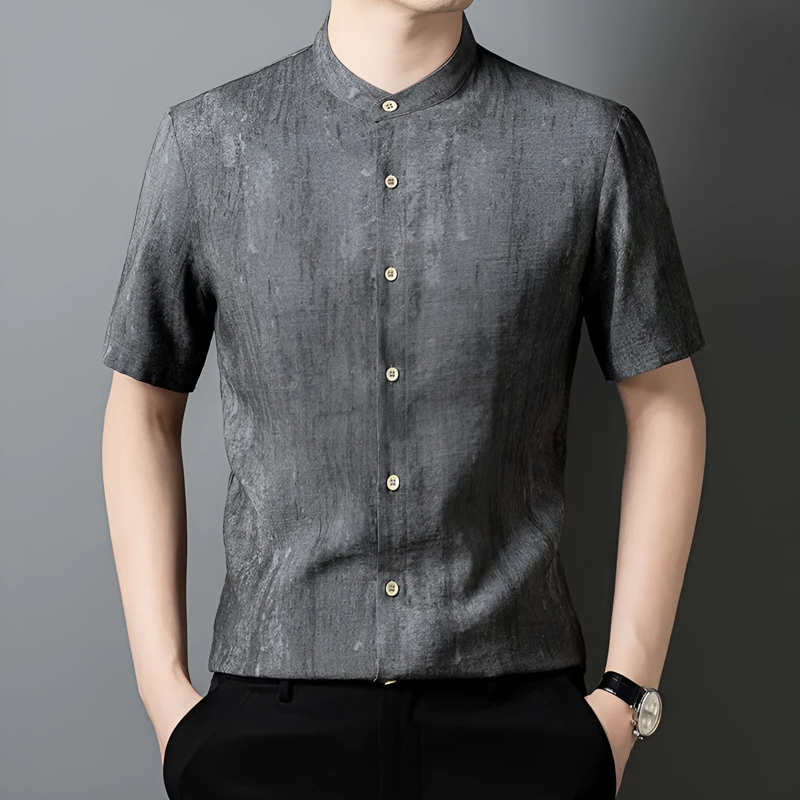 Men's loose fit linen blend shirt with stand collar in solid colour options