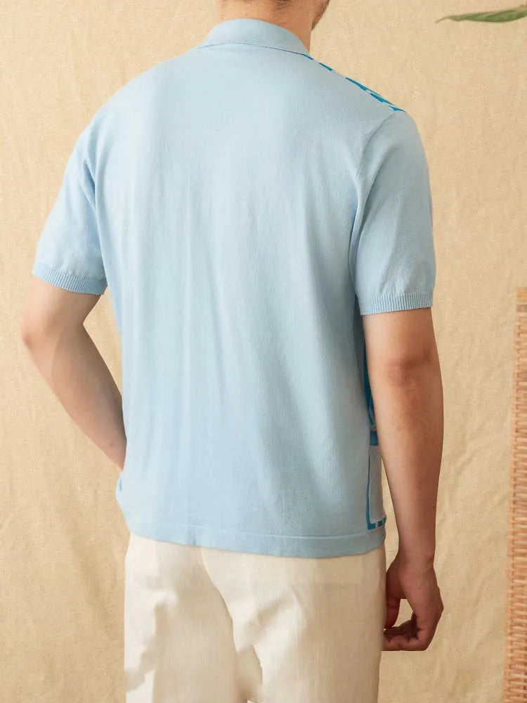 Short-sleeved knitted cardigan polo shirt in light blue with lapel collar