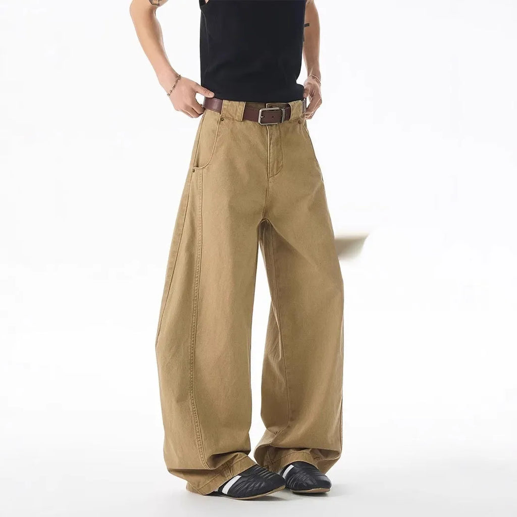 Brown Korean style loose fit men's jeans with straight leg design and button cardigan opening