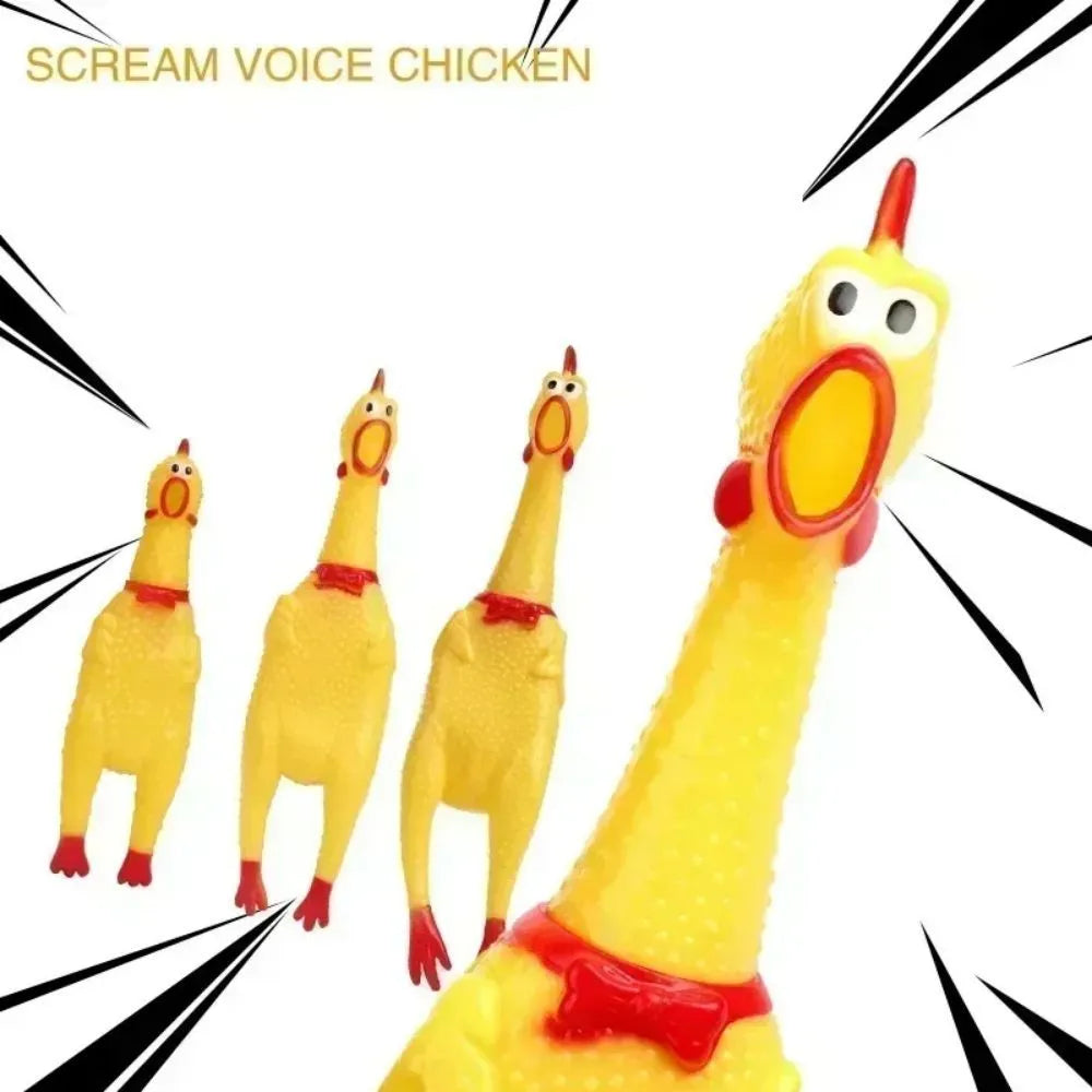 Yellow rubber screaming chicken dog squeak toy shown in three sizes: small, medium, and large.