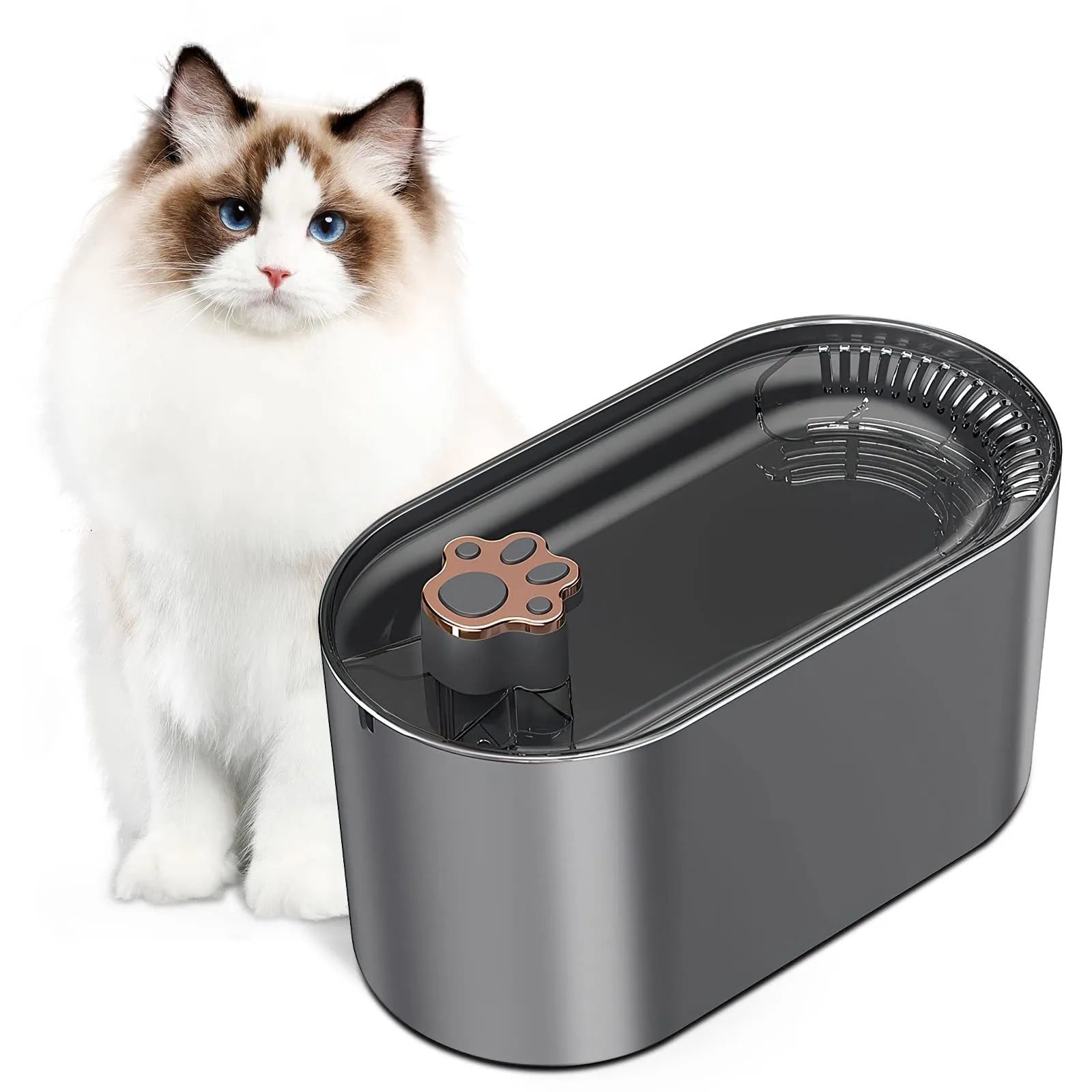 Blue automatic cat water fountain with 3L capacity, LED light, and triple filter system