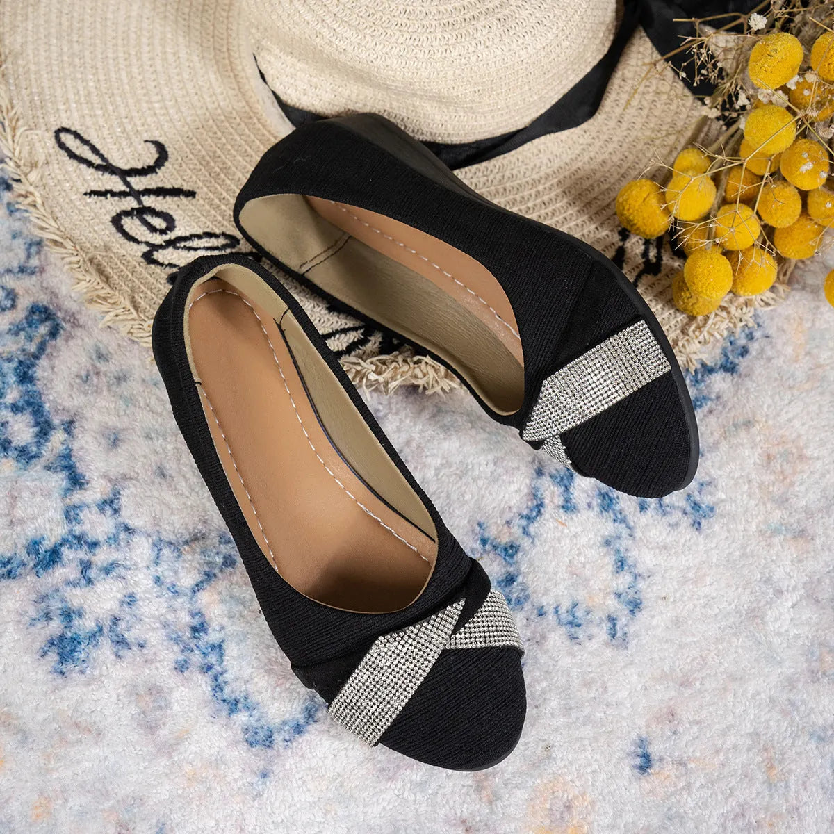 Black women's casual slip-on shoes with rhinestone detailing and chunky heels