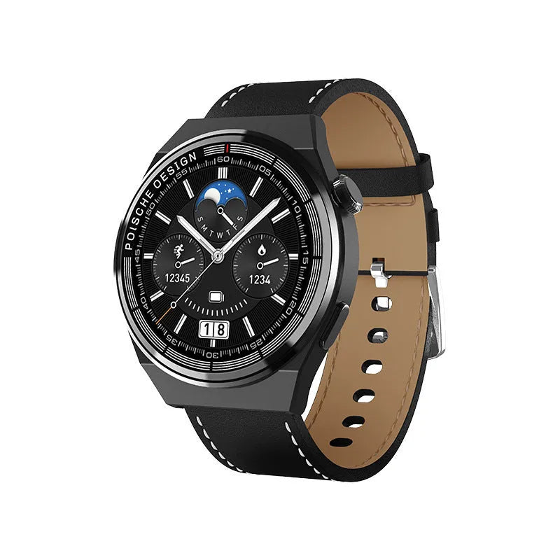 Black Bluetooth smartwatch with 1.39 inch screen showing NFC and blood sugar monitor features