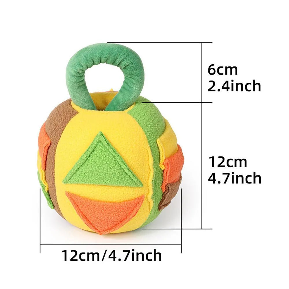 Green plush squeaky ball dog toy with treat pockets on a white background