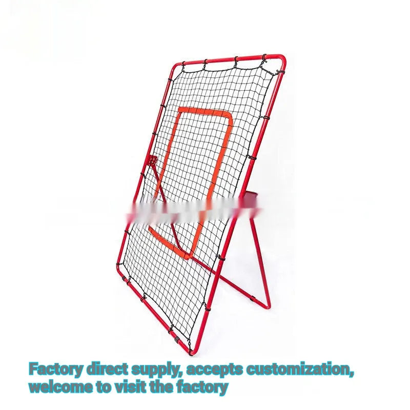 Red adjustable metal baseball training net set up for practice.