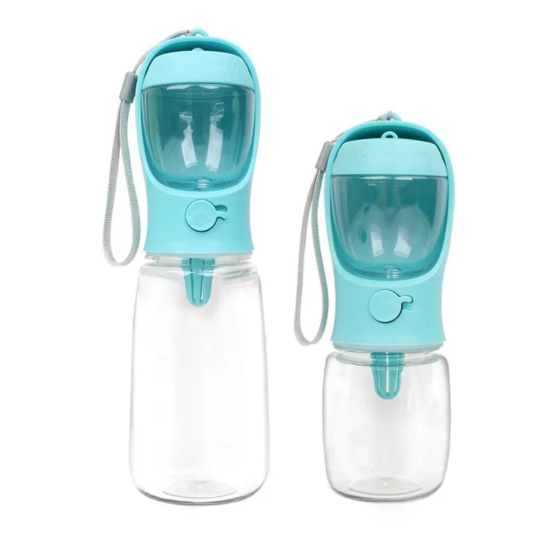 Blue portable plastic dog water bottle with flip-out drinking bowl for walks and travel.
