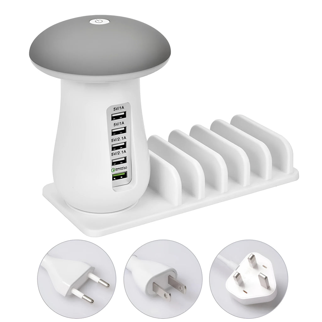 White 5-port USB charging dock station with integrated mushroom-shaped LED night light on a desk