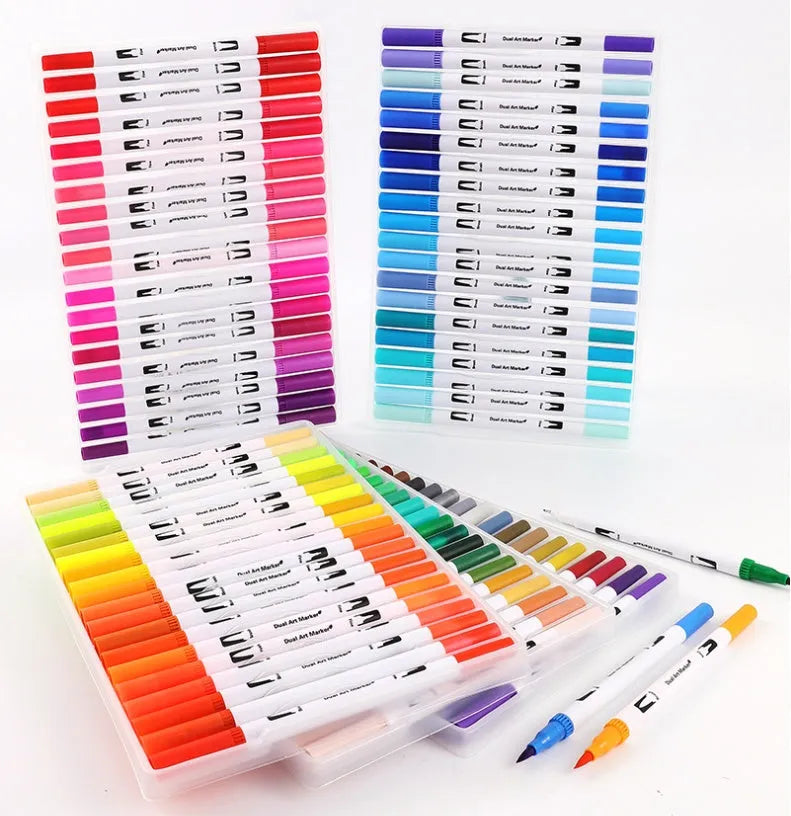 Set of watercolour pens in a plastic casing, showing nib tips, available in 48, 60, 72 and 100 colour sets.