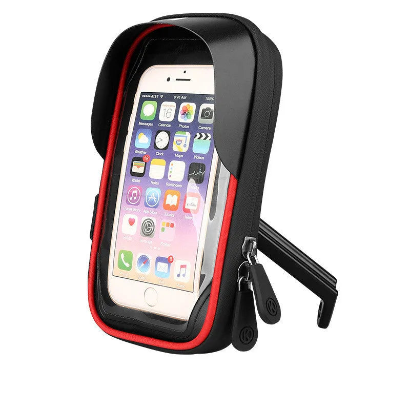Waterproof bicycle mobile phone holder showing laminated zipper and TPU touchscreen panel