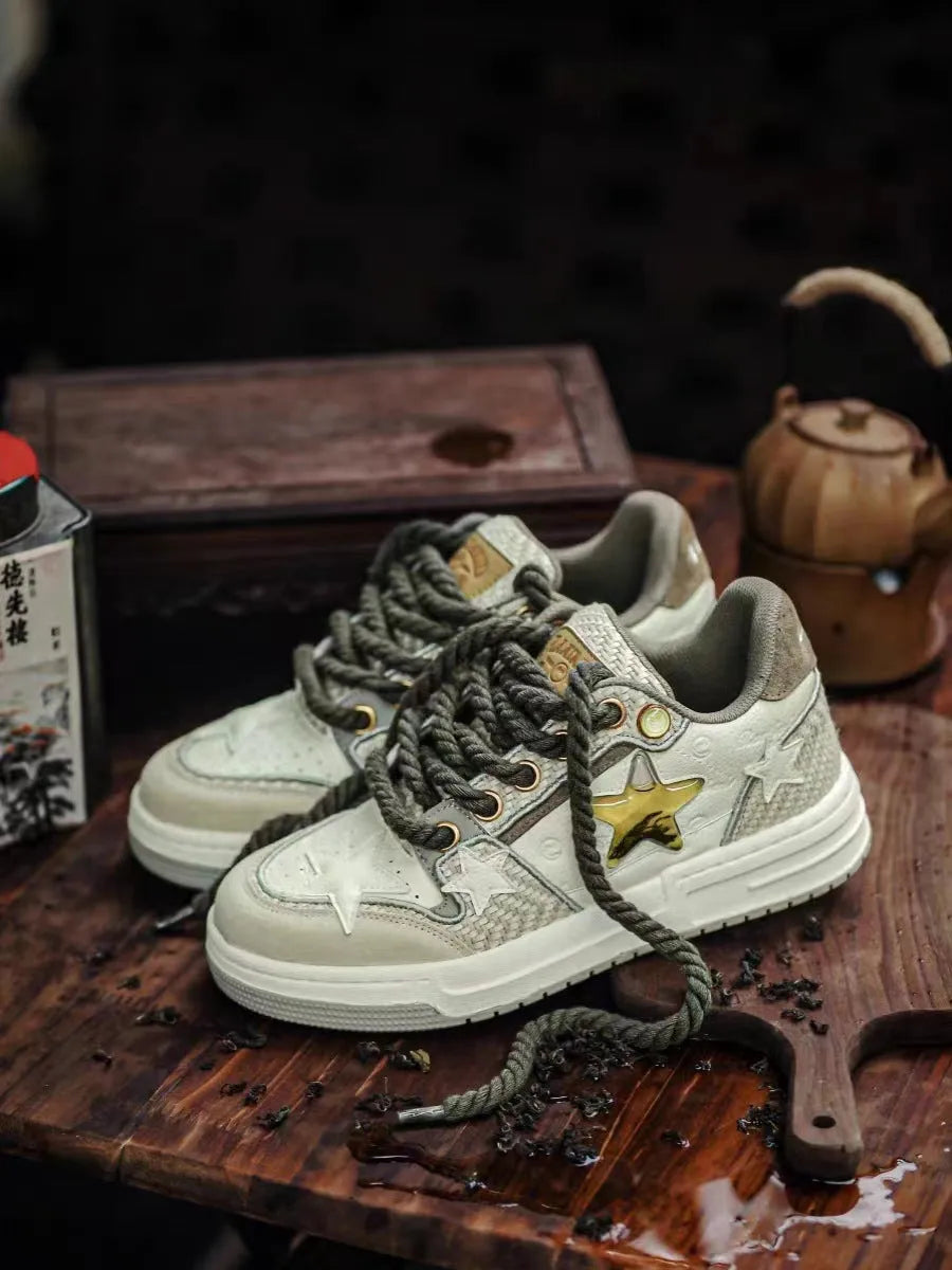 Cowhide leather low-top platform running shoes in beige with round toe and lace-up front.