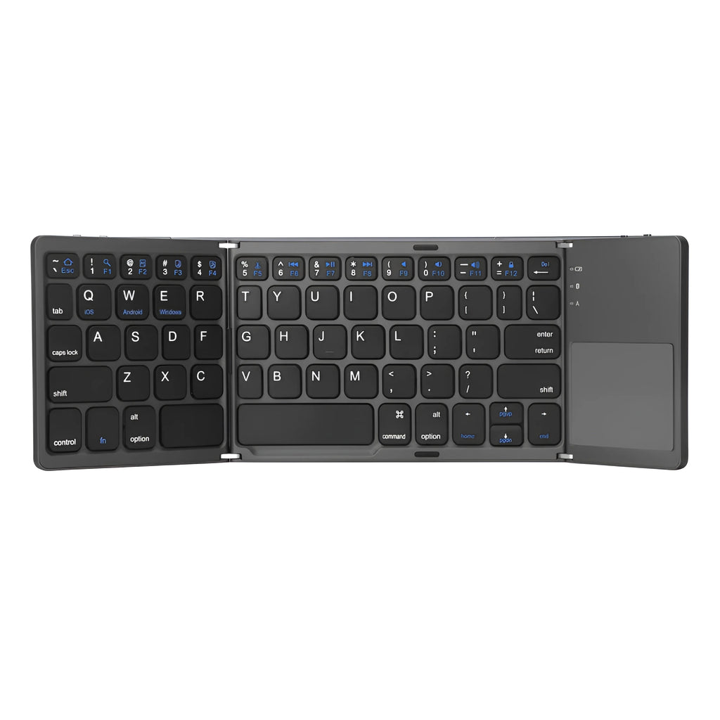 Tri-fold folding Bluetooth keyboard shown in both unfolded typing position and folded portable configuration