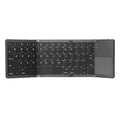 Tri-fold folding Bluetooth keyboard shown in both unfolded typing position and folded portable configuration