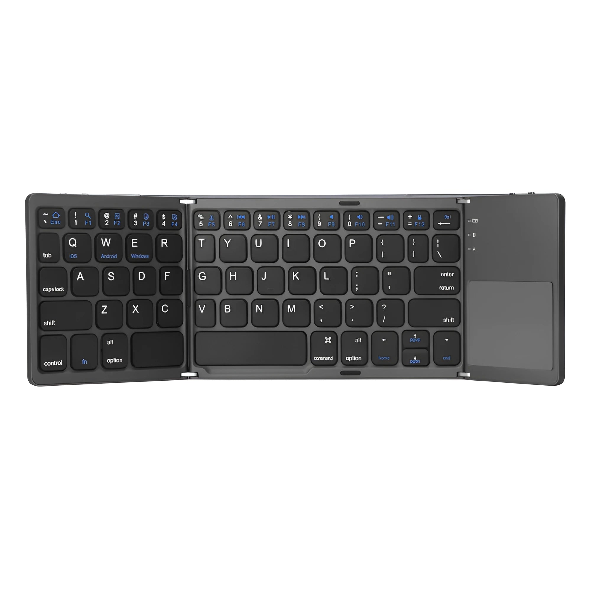 Tri-fold folding Bluetooth keyboard shown in both unfolded typing position and folded portable configuration