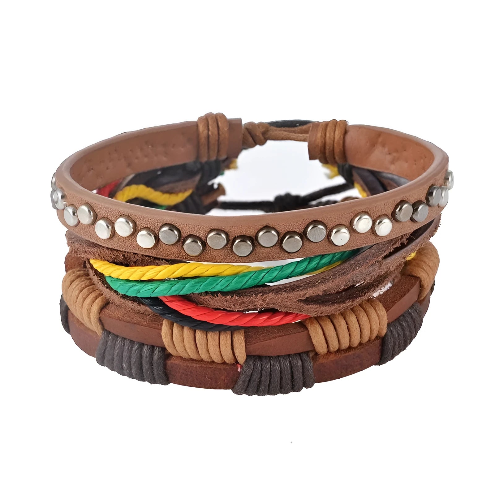 Hand-woven brown leather wrap bracelet with wooden beads on a 6cm adjustable band.